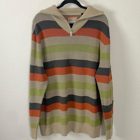 Retro 70s Striped Unisex Pullover Tan Brown Neutral Men’s Large Mock Neck Cotton - Picture 1 of 7